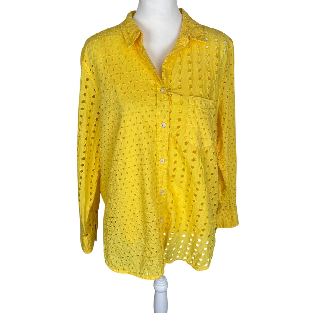 J.Crew Womens Yellow Eyelet Button Down Shirt Long Sleeve Cotton with Cami XL